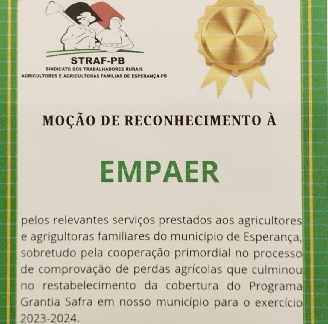 Sindicato dos Trabalhadores Rurais de Esperança emite  moção de reconhecimento ao trabalho da Empaer